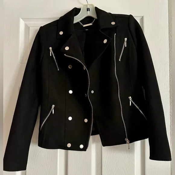 Suede White House Black Market Black Moto Jacket 00 Silver Zipper Fitted Blazer - Picture 2 of 5